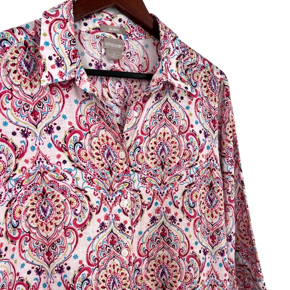 Chicos 100% Linen Sz 2 Large 12/14 Tropical Blouse Shirt Top Beach No Iron - Picture 4 of 12